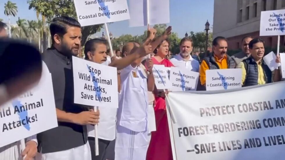 Congress MPs stage protest in Parliament premises, flag issues of sand mining, animal attacks in Kerala